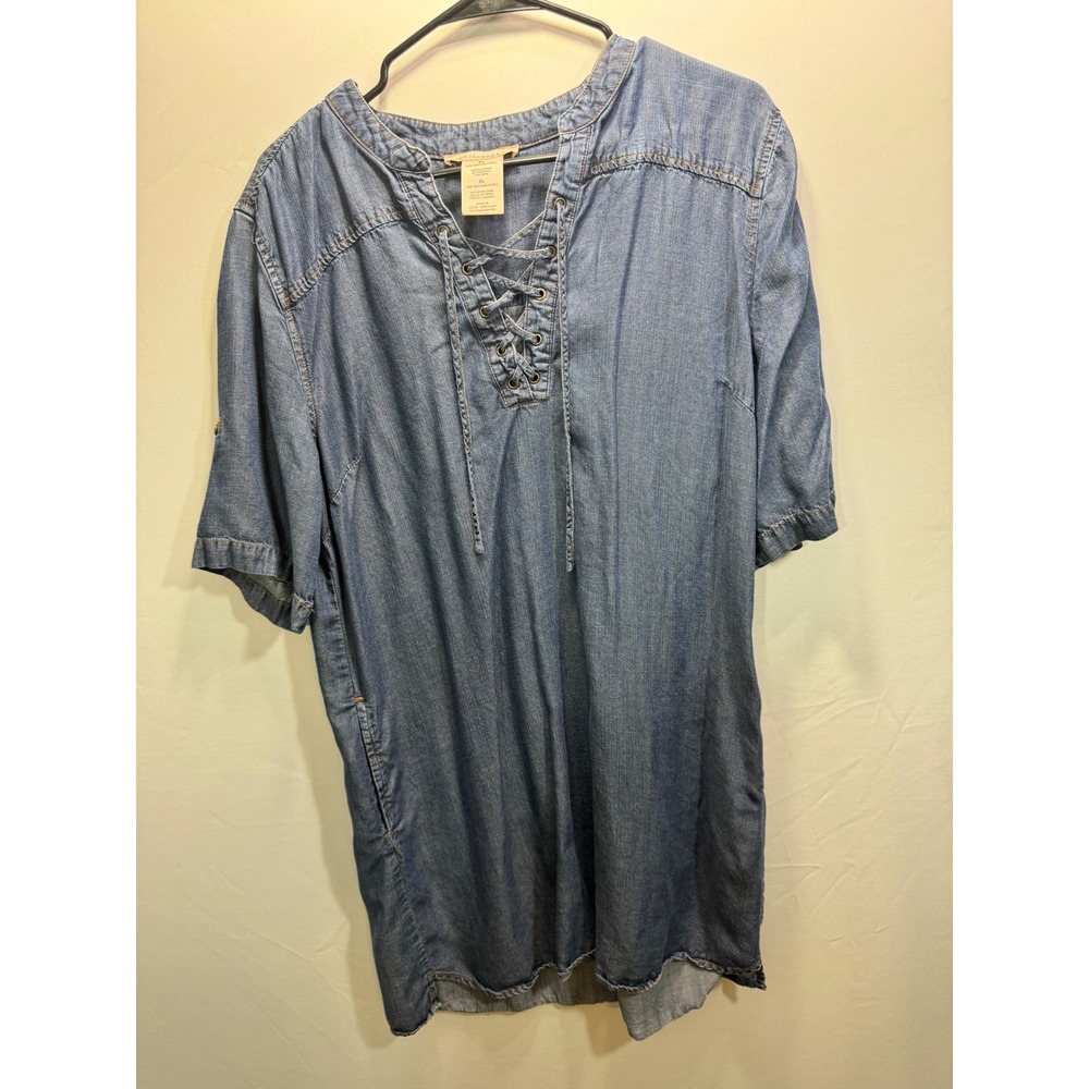 Philosophy Republic Clothing Blue Denim Lace Up Tunic Top XL Side Pockets Boho